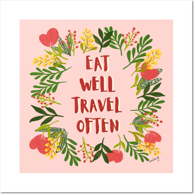 Eat Well Travel Often Spring Pink | Floral Wreath | Quote Wall Art by thewhimsicalrepose